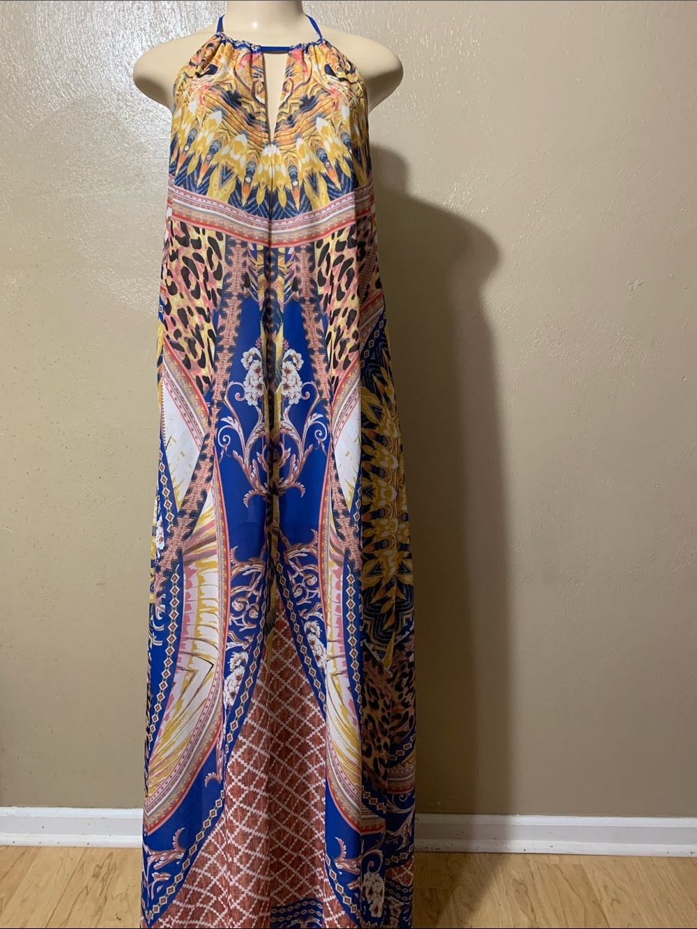 Flying Tomato size M Halter Maxi Dress - Blue, Yellow & Pink Print Tassel Tie